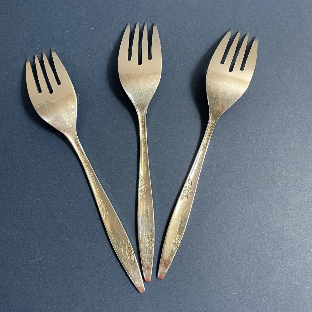 Oneida Stainless Flatware Rose Duet 3 Salad Dessert Forks HTF Pattern Made USA